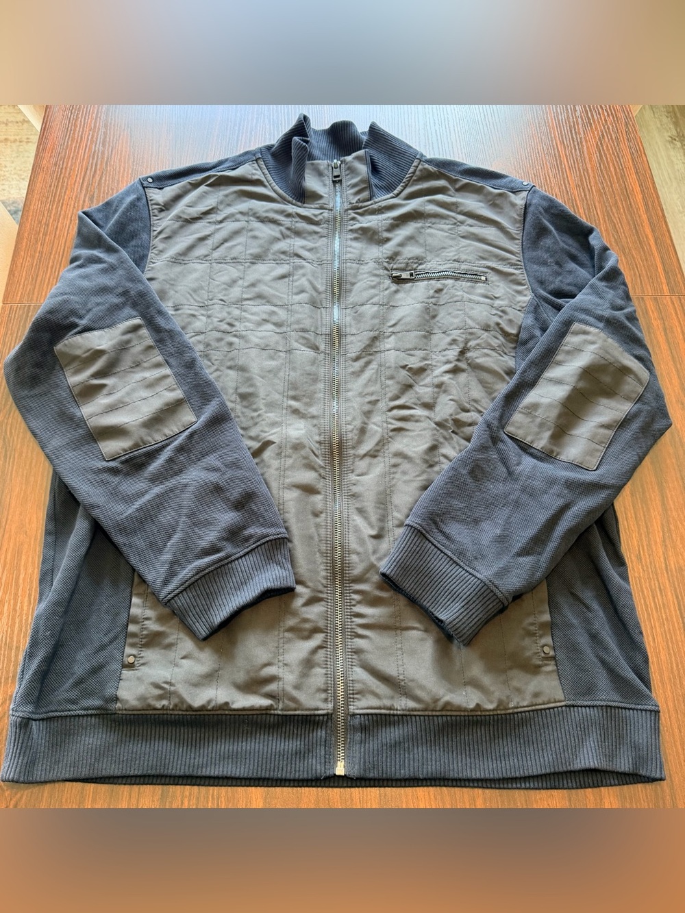 Calvin Klein Mens Charcoal Grey Zip Quilted Hybrid Jacket Sweater Elbow Patch XL